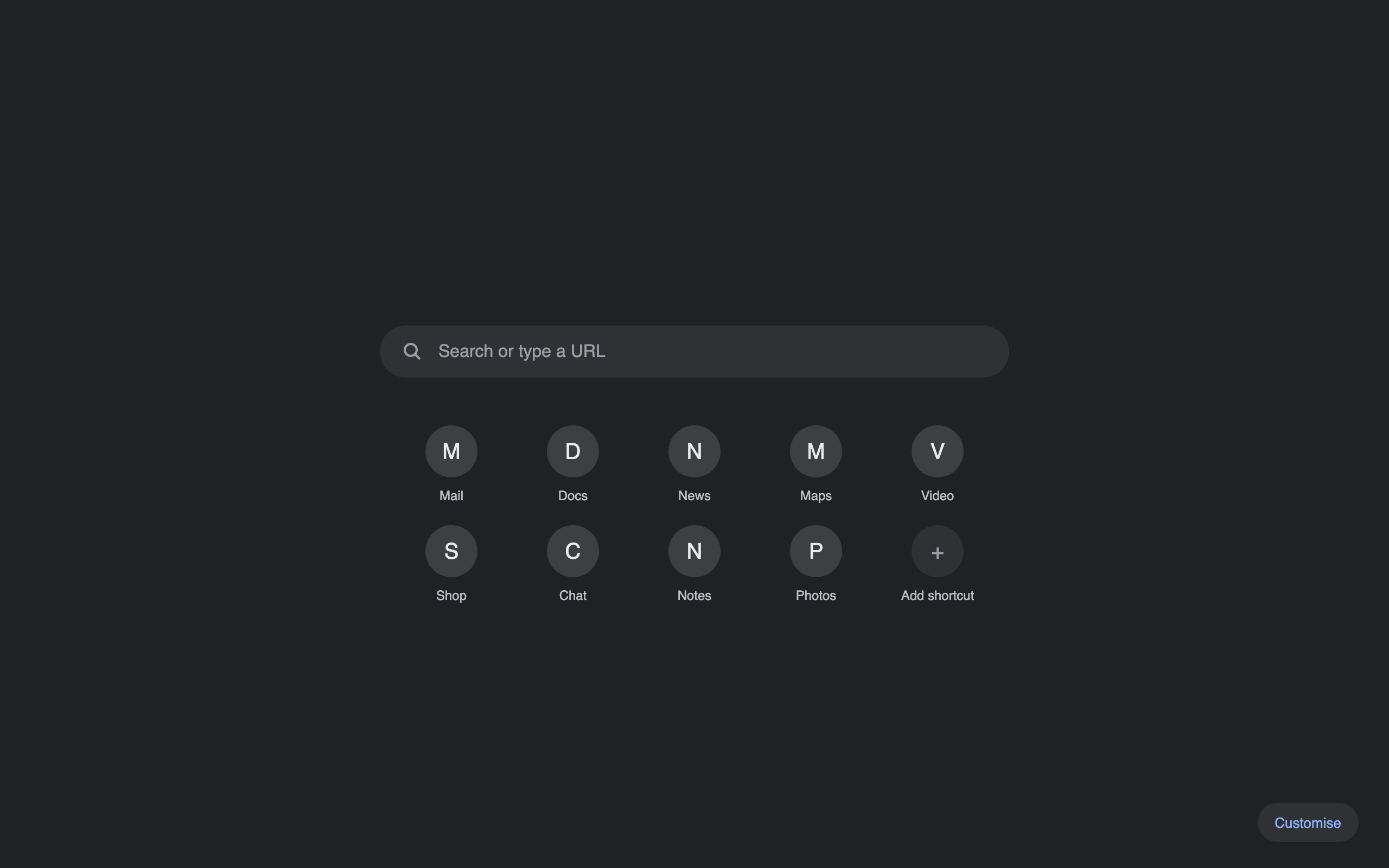 A stock browser new tab: a search box and a grid of shortcut circles on a plain dark background.