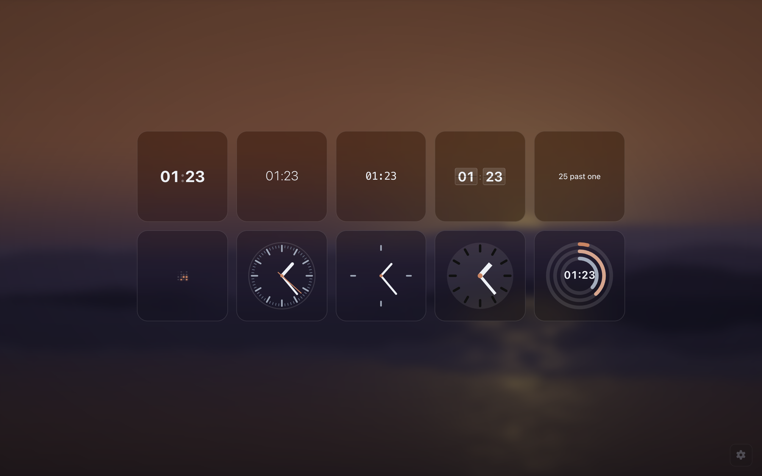 Ten clock faces side by side over a wallpaper: digital, minimal, monospace, flip, a words face reading '25 to twelve', a binary dot grid, three analog faces in classic, minimal and bauhaus styles, and a rings face.