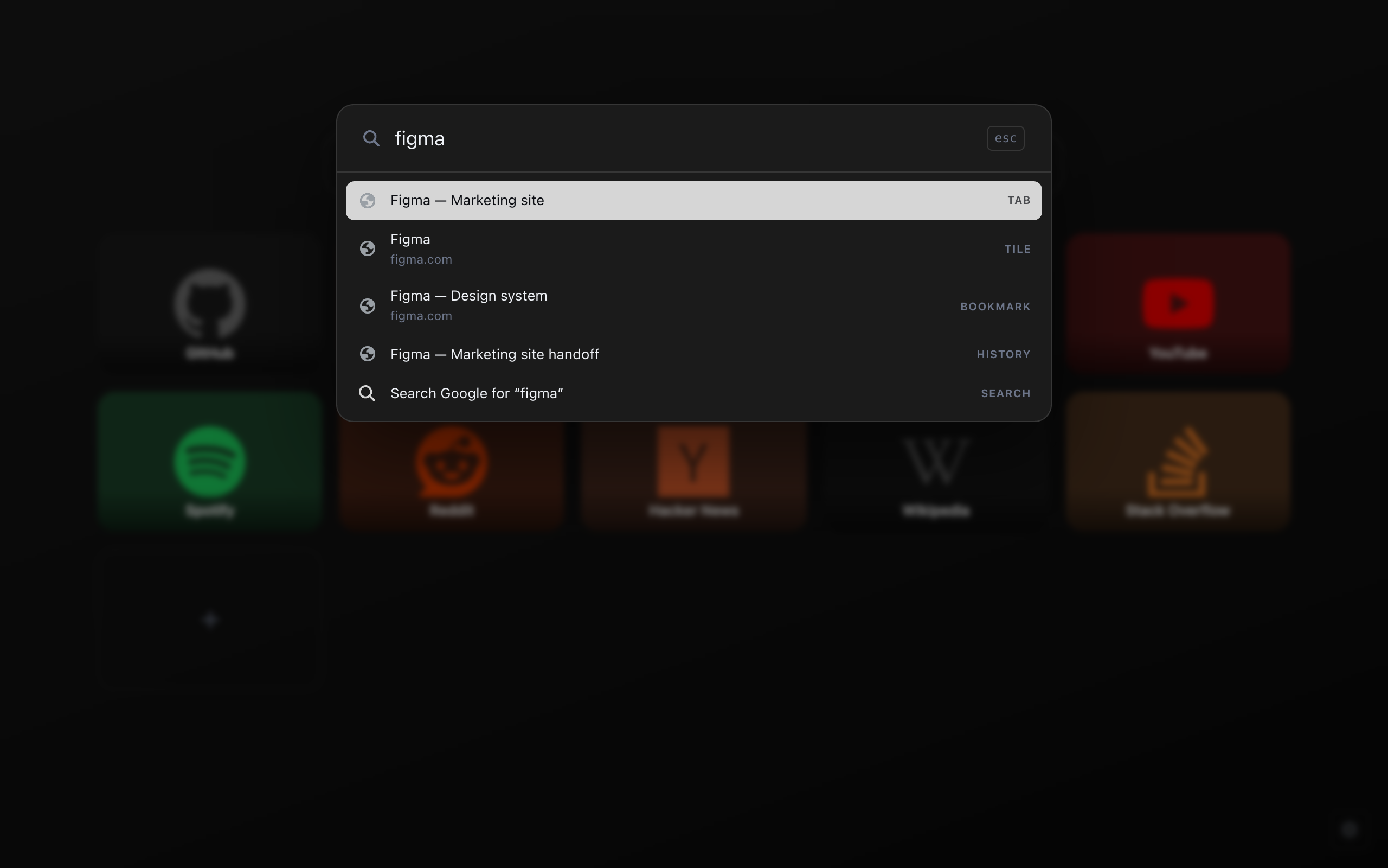 The command palette open over the tile grid, showing results for the query 'op': open settings, the extensions page, downloads, history, the bookmark manager, and a web search fallback.