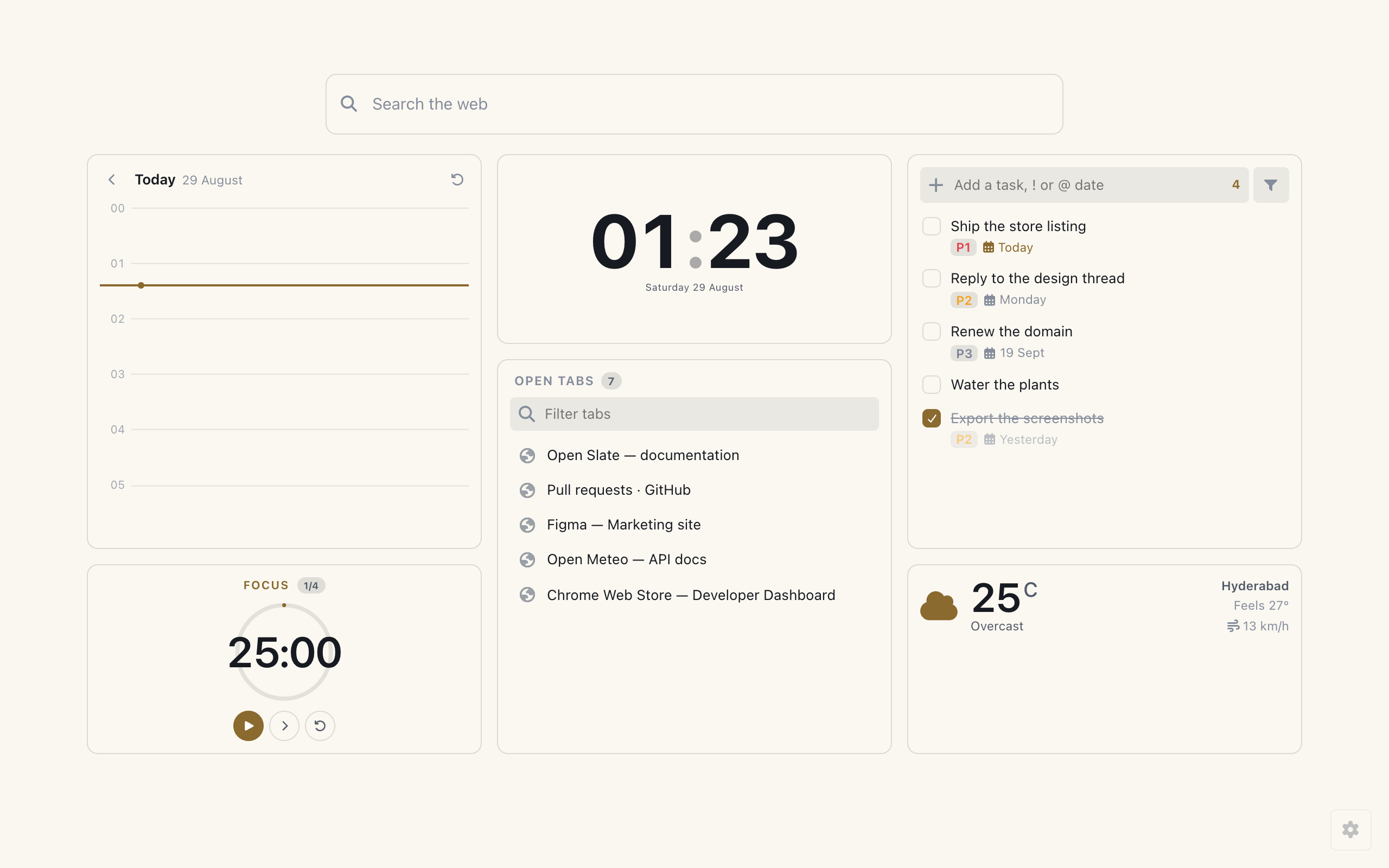 The same dashboard in a warm light theme with outlined panels: a calendar, a clock reading 23:40, a task list, open tabs, a pomodoro timer and the weather.