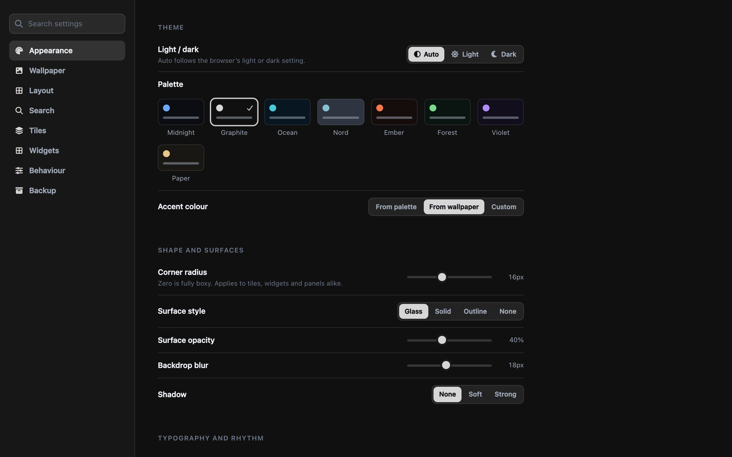 The settings page, showing theme controls: light and dark mode, eight palette swatches, accent colour source, corner radius, surface style, opacity, blur and shadow.