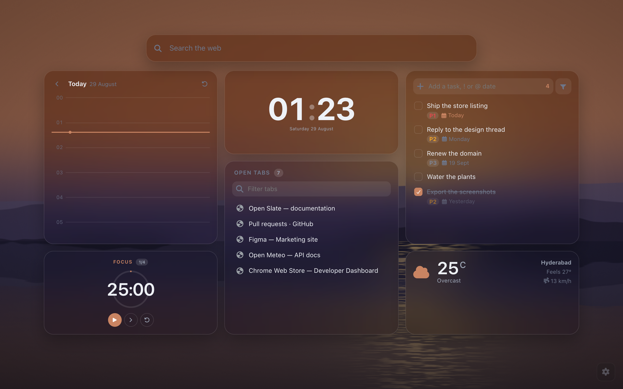 The Open Slate new tab page over a dusk photograph: a search box above a calendar showing today's events, a clock, a task list, a list of open tabs, a pomodoro timer and the local weather, each on a translucent panel tinted by the wallpaper behind it.