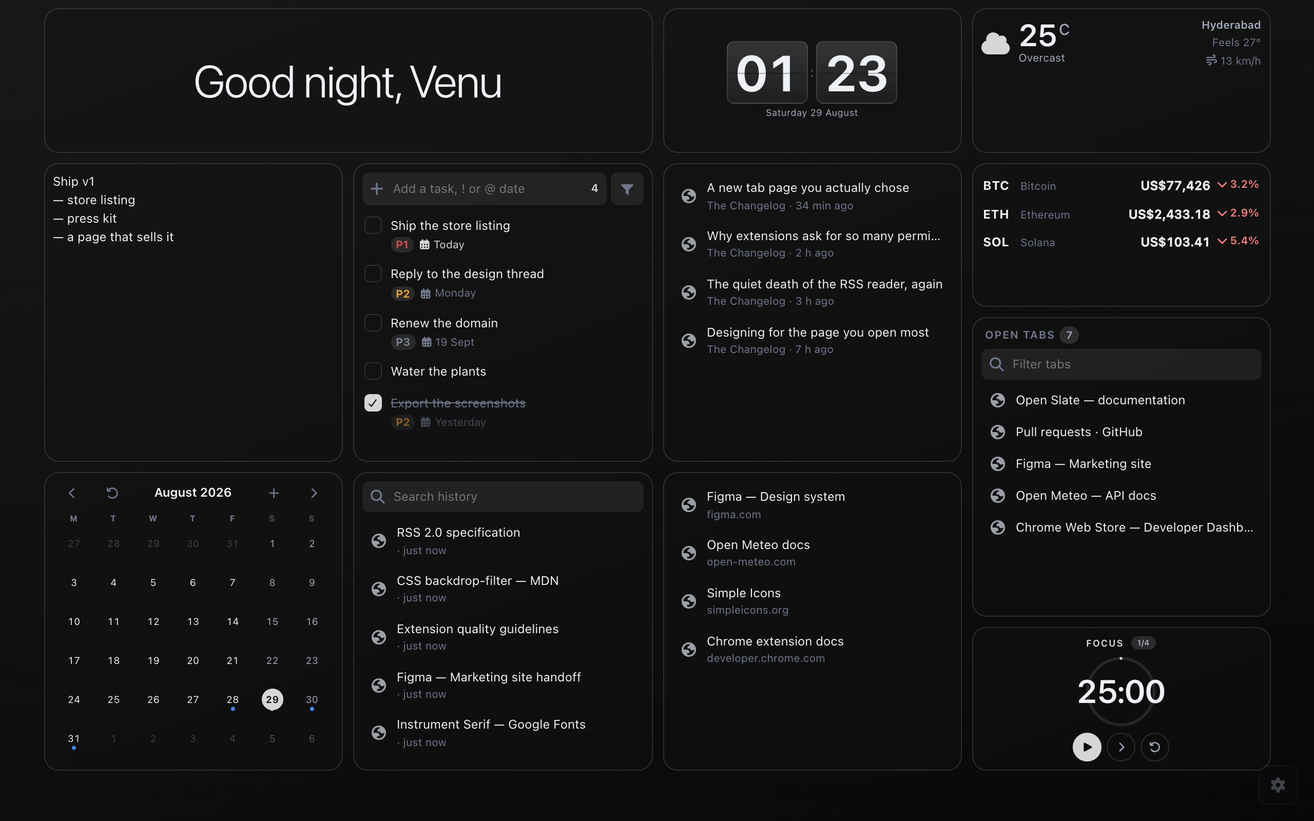 A dense dashboard showing twelve widgets at once: a greeting, a flip clock, the weather, a notepad, a task list, an RSS feed, live crypto prices, a list of open tabs, a month calendar, browser history, bookmarks and a pomodoro timer.